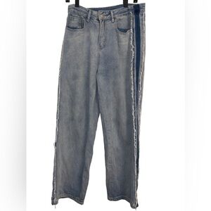 Dazy Denim Wide Leg Jeans with Frayed Side‎ Blue Stripes Size XL US Size 6
